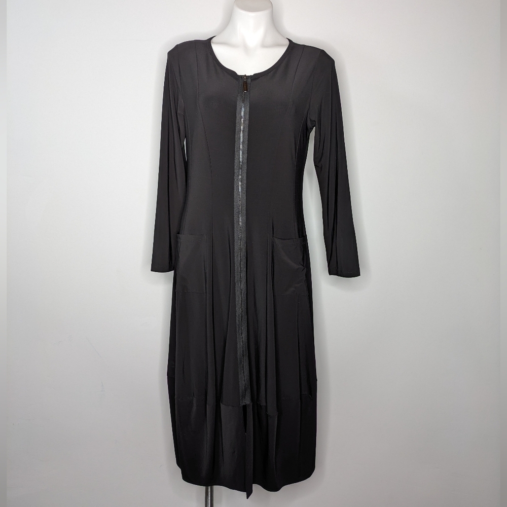 Sun Kim Black Zip Up Long Sleeve Slinky Midi Dress M